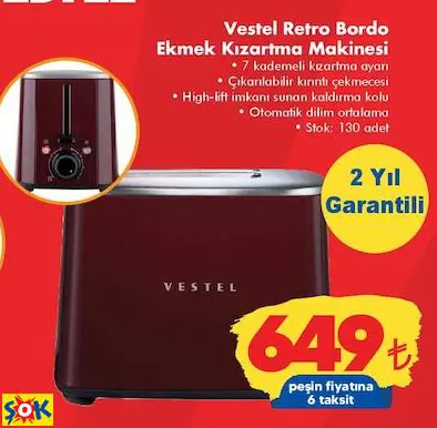 VESTEL RETRO BORDO EKMEK KIZARTMA MAKİNESİ